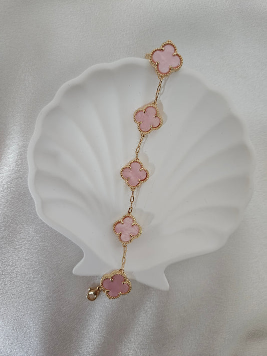 Double side pink clover 18k gold plated bracelet.